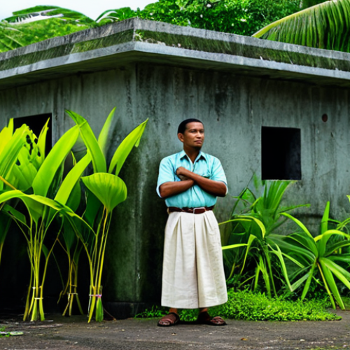 Historical Drama Scene**

"A fully clothed Marshallese man in modest traditional attire stands before a weathered World War II bunker overgrown with lush tropical vegetation, safe for work, appropriate content, perfect anatomy, natural proportions, overcast lighting, cinematic composition, professional photography, family-friendly."

**