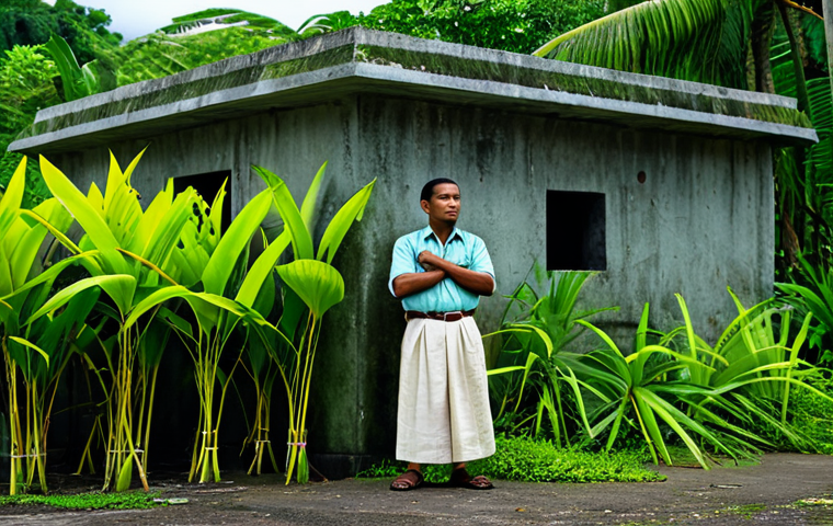 Historical Drama Scene**

"A fully clothed Marshallese man in modest traditional attire stands before a weathered World War II bunker overgrown with lush tropical vegetation, safe for work, appropriate content, perfect anatomy, natural proportions, overcast lighting, cinematic composition, professional photography, family-friendly."

**