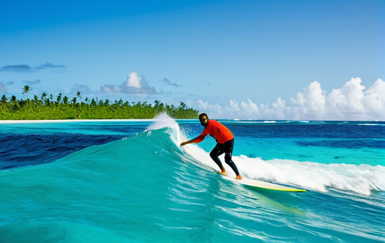 마셜 제도 서핑 스팟 - **

"A professional photographer, fully clothed in appropriate hiking gear, capturing a surfer ridin...