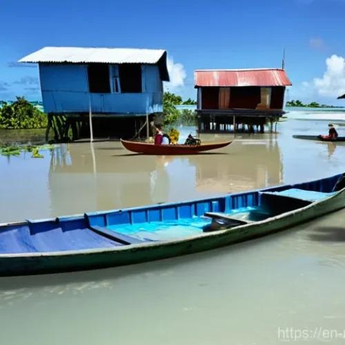 마셜 제도에서의 태풍 및 자연재해 정보 - **Prompt:** A bustling scene on a low-lying Marshallese atoll during an unusually high king tide. Th...
