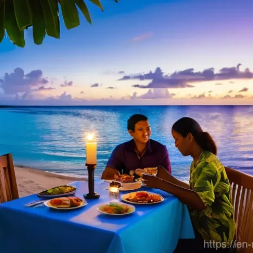 마셜 제도에서 즐길 수 있는 야경 스팟 - **Waterfront Dinner at Twilight:** A serene, wide-angle shot of a couple (wearing casual, modest res...