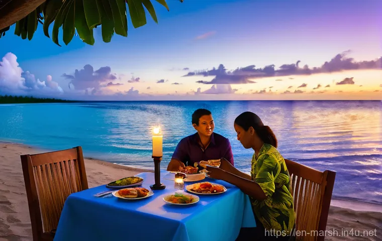 마셜 제도에서 즐길 수 있는 야경 스팟 - **Waterfront Dinner at Twilight:** A serene, wide-angle shot of a couple (wearing casual, modest res...