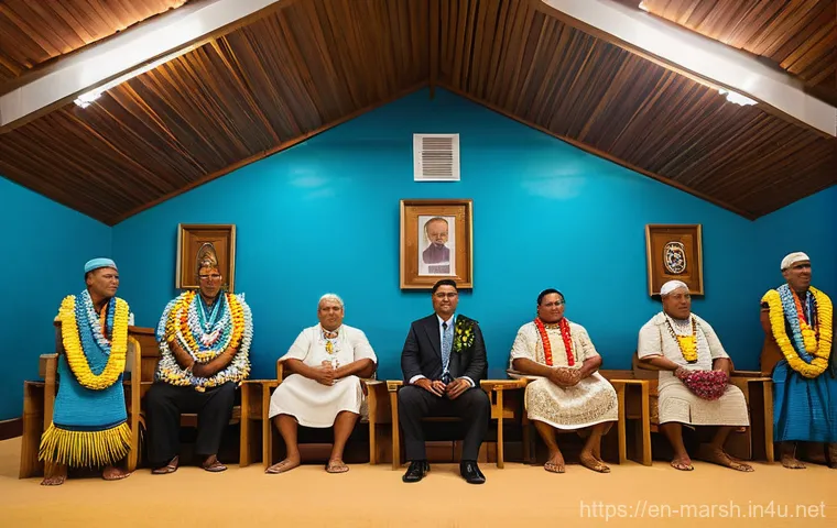 마셜 제도 독립 과정과 정치 - Image Prompt 1: The Fusion of Governance: Traditional Chiefs and Modern Parliament**