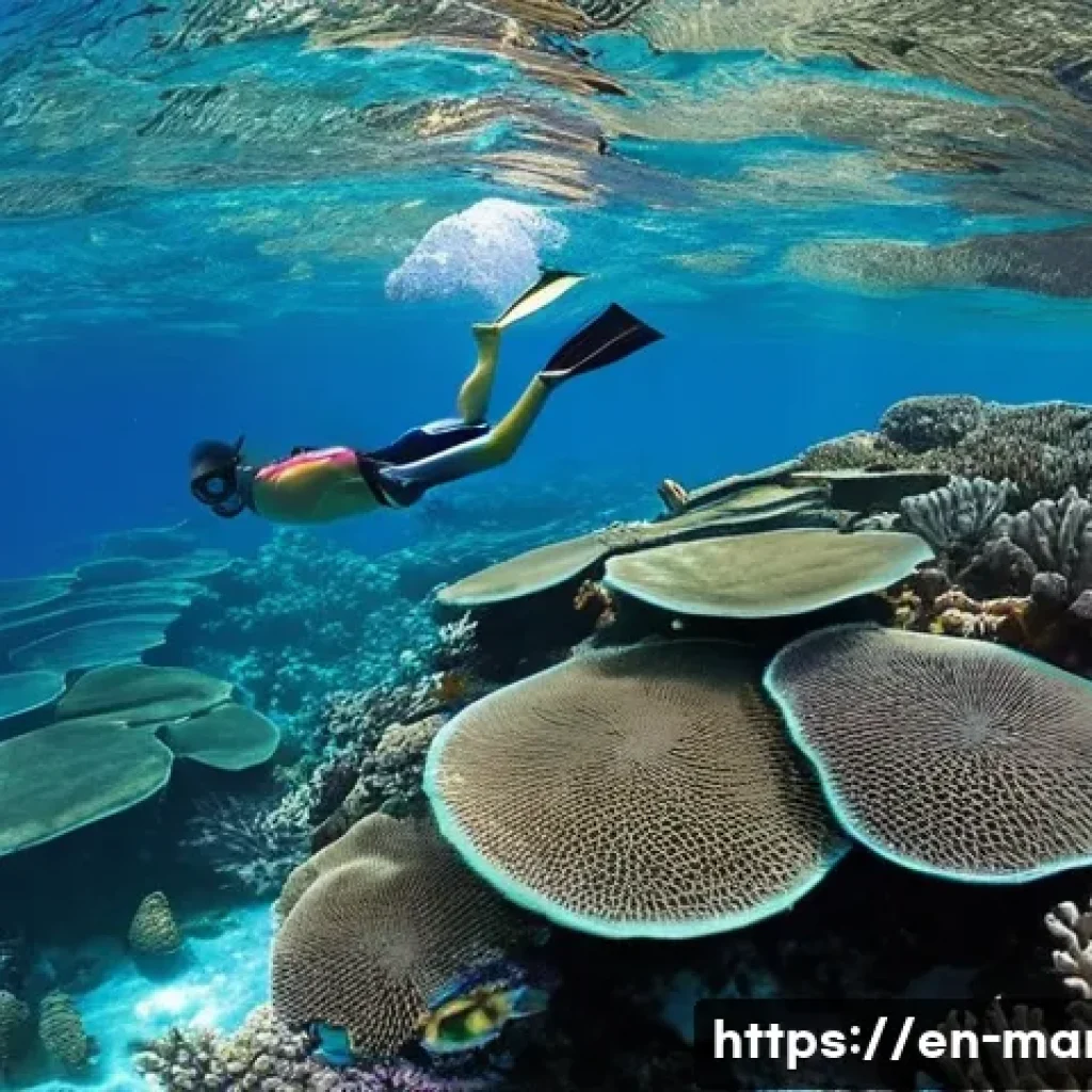 마셜 제도에서의 수상 스포츠 장비 대여 - **Prompt 1: Vibrant Coral Reef Snorkeling in the Marshall Islands**
    "A wide-angle shot of a pers...