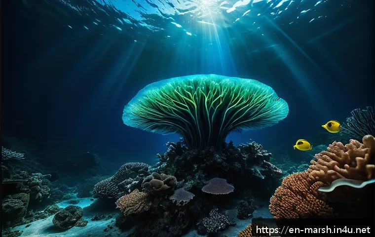 마셜 제도에서 볼 수 있는 희귀 해양 생물 - A mesmerizing underwater scene in the Marshall Islands featuring a bioluminescent deep-sea creature ...