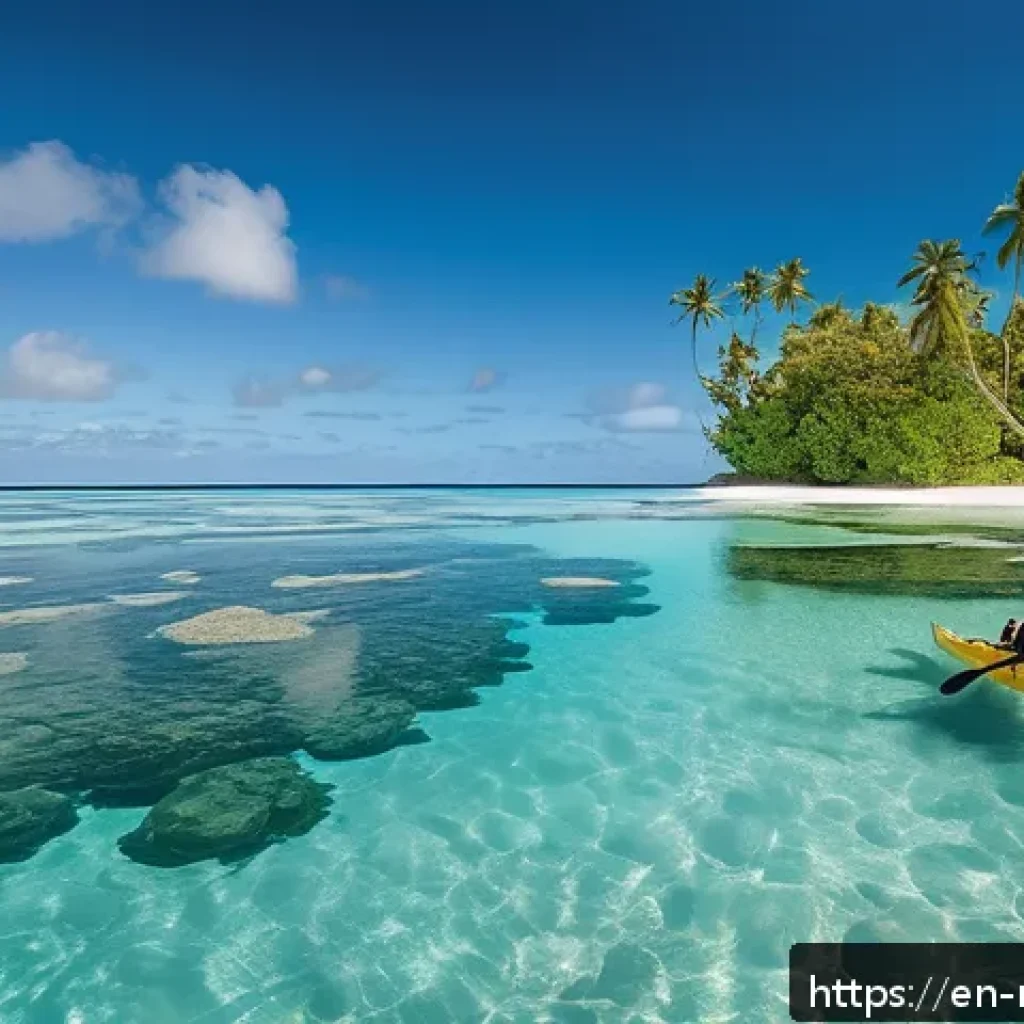 마셜 제도에서의 카약 및 패들보드 체험 - A serene scene of a sit-on-top kayak gliding through crystal-clear, calm lagoons of the Marshall Isl...