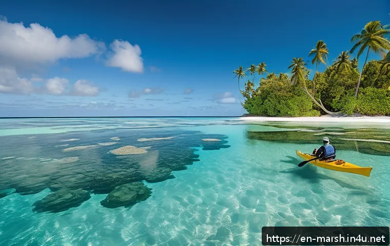 마셜 제도에서의 카약 및 패들보드 체험 - A serene scene of a sit-on-top kayak gliding through crystal-clear, calm lagoons of the Marshall Isl...