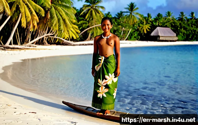 마셜 제도 전통 의상 - Photorealistic full-length portrait of a Marshallese woman wearing a graceful ankle-length floral mu...